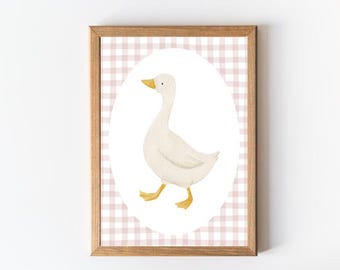 Lámina infantil de patos / Decoración rústica de cuadros vichy rosas (descarga digital)