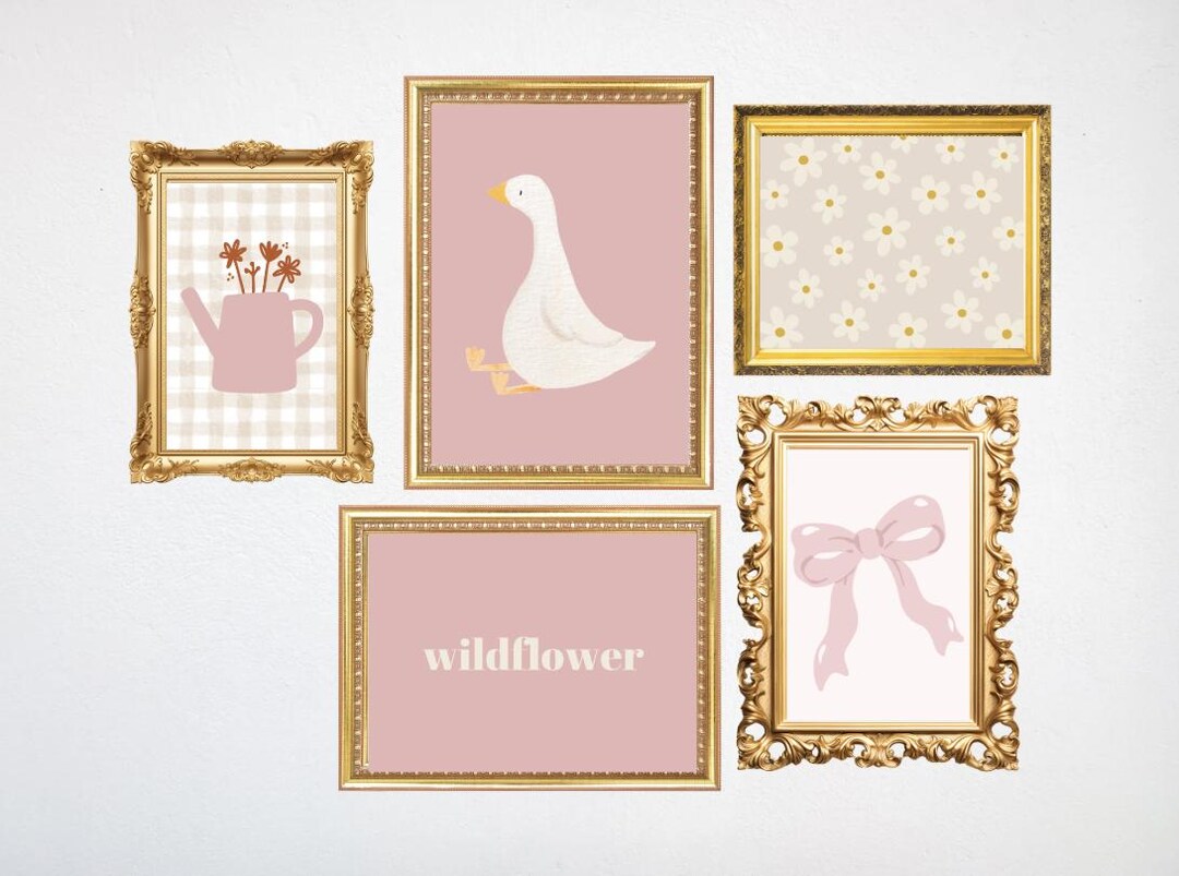 Pink Cottagecore Nursery Wall Art Set of 5 | Vintage Gallery Prints ...