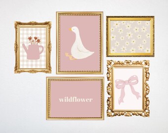 Pink Cottagecore Nursery Wall Art Set of 5 | Vintage Gallery Prints | Goose Floral Bow Nursery Decor | Digital Download