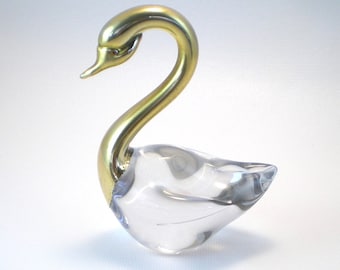 Brass  and Art Glass Swan Paperweight . Vintage Mid-century Home Decor