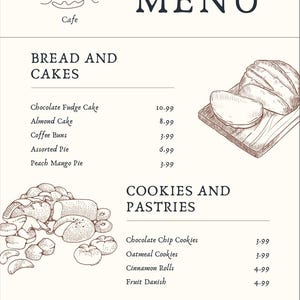 May include: A menu for Sweet Escape Cafe, featuring a selection of breads, cakes, cookies, and pastries. The menu includes items like chocolate fudge cake, almond cake, coffee buns, assorted pie, peach mango pie, chocolate chip cookies, oatmeal cookies, cinnamon rolls, and fruit Danish. The prices are listed next to each item.