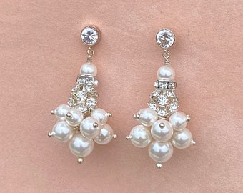 Swarovski Pearl & Rhinestone Post Drop Cluster Wedding Earrings, Bridal Earrings, Bridesmaid Earrings
