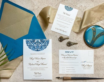 Wedding Invitation Suite, Teal Ivory Paisley Mandala, Gold, Envelope Liner, RSVP, Details