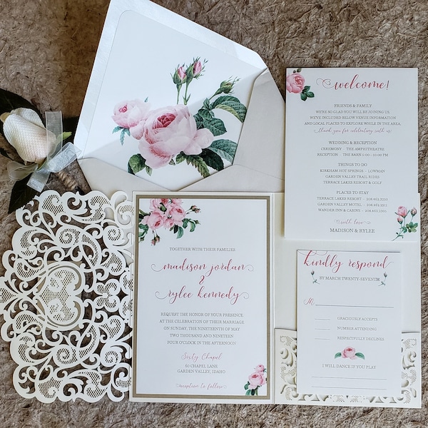 Laser Cut Wedding Invitation Suite, Pink Roses, Ivory Shimmer, Inserts, Envelope Liner