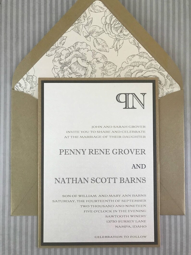 Soft Gold And Charcoal Reverse Monogram Wedding Invitation Etsy