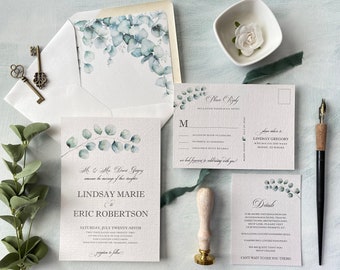 Watercolor Green Eucalyptus Wedding Invitation Suite Pearl White Inserts Envelope Liner Boho Rustic Chic