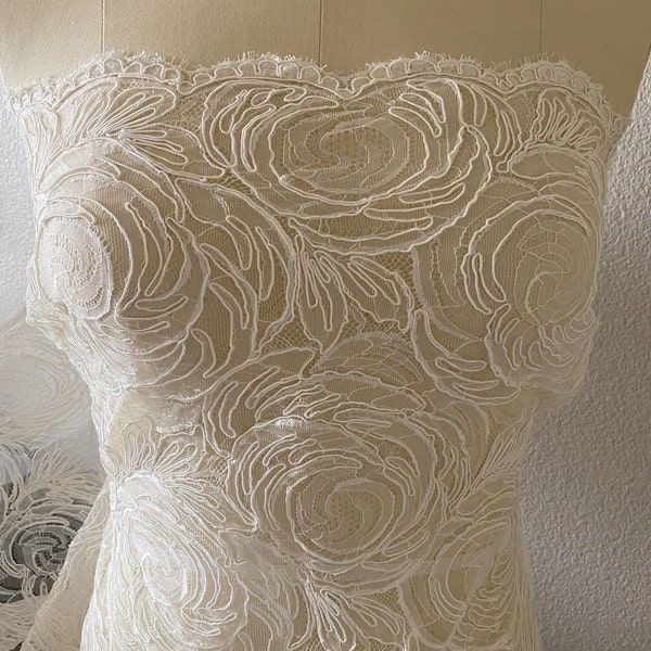 Off White Corded French Lace Rose Pattern, 36", Alencon Lace, Italian Lace, Bridal, Wedding