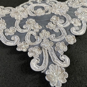 5&quot; Pearl Beaded White Silver Corded Lace Trim, Bridal, Wedding
