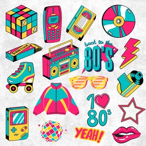 Puede incluir: Una colecci&oacute;n de ilustraciones coloridas con tem&aacute;tica de los a&ntilde;os 80. Incluye un cubo de Rubik, un tel&eacute;fono m&oacute;vil retro, un casete, un CD, un radiocasete, patines, una chaqueta, gafas de sol y texto que dice "back to the 80's" y "Yeah!"