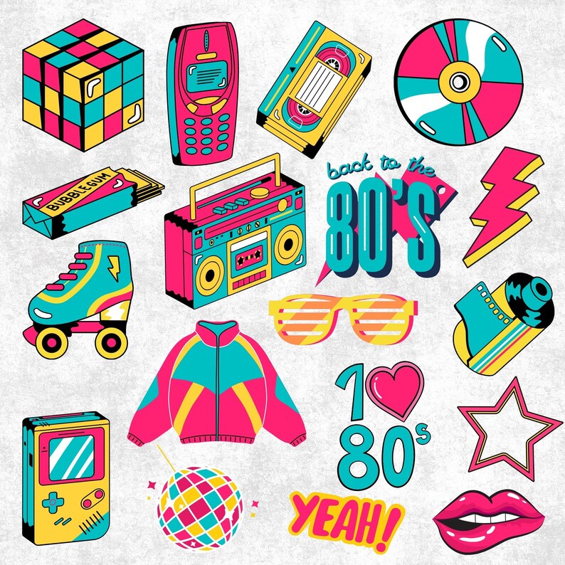 Puede incluir: Una colecci&oacute;n de ilustraciones coloridas con tem&aacute;tica de los a&ntilde;os 80. Incluye un cubo de Rubik, un tel&eacute;fono m&oacute;vil retro, un casete, un CD, un radiocasete, patines, una chaqueta, gafas de sol y texto que dice "back to the 80's" y "Yeah!"