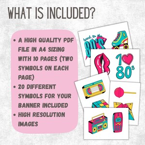 Puede incluir: Una colecci&oacute;n de gr&aacute;ficos de tem&aacute;tica retro en tarjetas blancas, que incluyen un pat&iacute;n, labios, una cinta de cassette y un radiocasete. El texto "WHAT IS INCLUDED?" est&aacute; en la parte superior, con vi&ntilde;etas que enumeran el contenido.