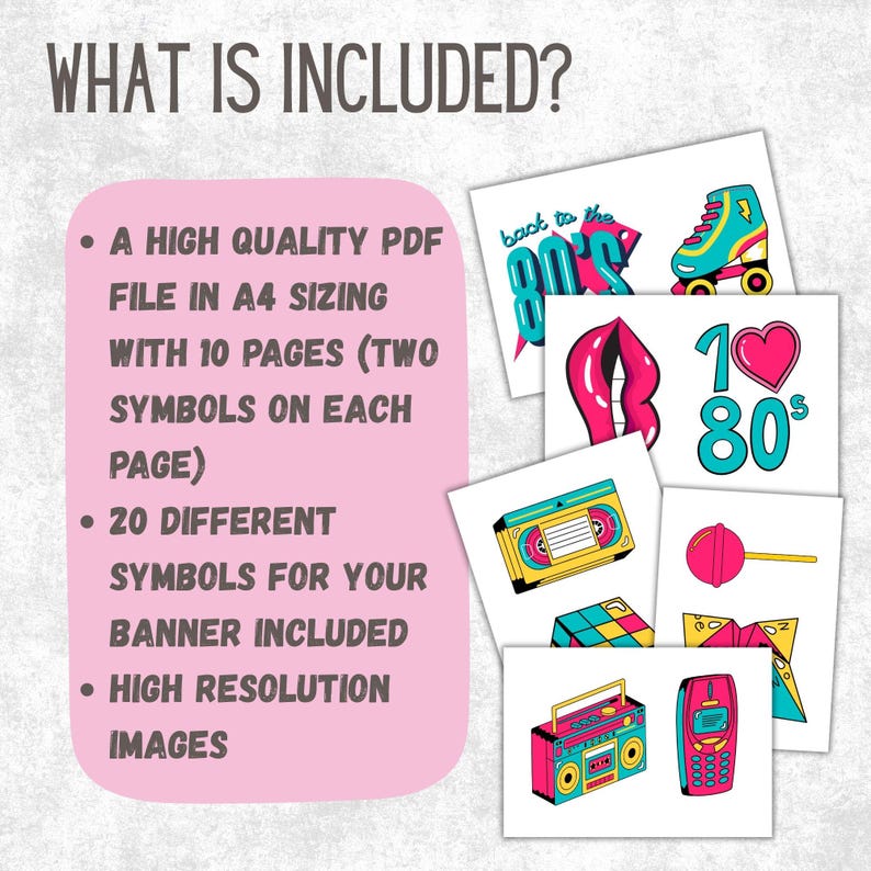 Puede incluir: Una colecci&oacute;n de gr&aacute;ficos de tem&aacute;tica retro en tarjetas blancas, que incluyen un pat&iacute;n, labios, una cinta de cassette y un radiocasete. El texto "WHAT IS INCLUDED?" est&aacute; en la parte superior, con vi&ntilde;etas que enumeran el contenido.