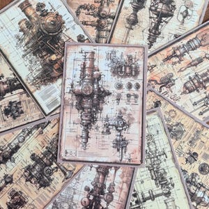 May include: A collection of steampunk art prints arranged in a circular pattern. Each print features detailed mechanical drawings in shades of brown, beige, and grey, reminiscent of vintage blueprints. The prints showcase intricate gears, pipes, and industrial components.