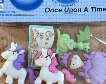 7 Once Upon a Time Shank Buttons: Fairytale Embellishments - Book, Unicorns, Dragon, Fairy