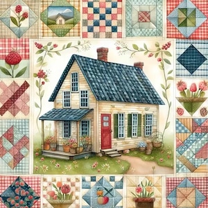 May include: A watercolour quilt depicting a charming house with a blue roof, red door, and green shutters. The house is surrounded by flowers and potted plants. The quilt has a patchwork design with floral and geometric patterns in red, blue, and green.