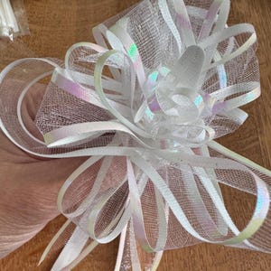 May include: A white decorative bow made from sheer, iridescent ribbon and mesh. The bow features multiple loops and streamers, with a central, layered design. The ribbon has a subtle, shimmering effect, reflecting various colours.
