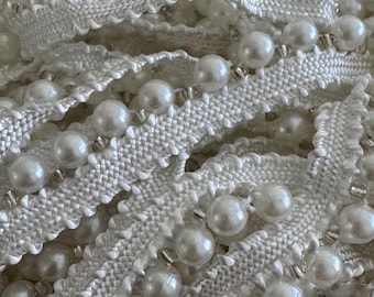 Imitation Pearl Lace Trim with 6mm Beads & Silver Bead Accents | Elegant Decorative Ribbon | DIY Sewing, Crafts, Clothing | Sold by the Yard