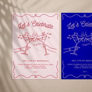 Let's Celebrate Birthday Party Invitation, Hand Drawn Cocktails, Adults Invite, Cheers Party Invite, Editable and Printable Canva Template