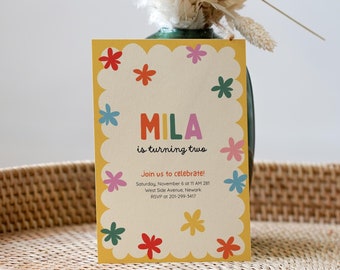 May include: A yellow birthday invitation with a colorful flower border. The invitation says "Mila is turning two" and includes details for a party.