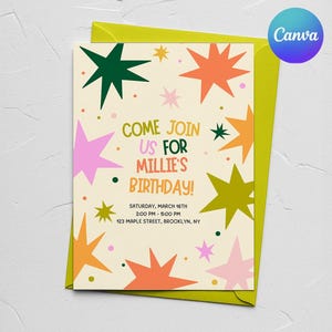 Pode incluir: Um convite de aniversário com fundo creme, apresentando desenhos coloridos de explosões de estrelas em rosa, laranja, verde e amarelo. O texto diz "COME JOIN US FOR MILLIE'S BIRTHDAY!" com detalhes do evento.