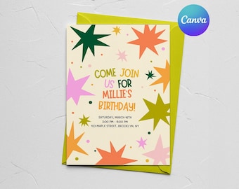 Hand Drawn Star Birthday Invitation | Kids Party Invite (Editable Canva Template)