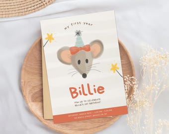 Mouse Birthday Party Invitation: Hand-Drawn, Editable Canva Template