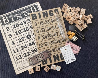 Assortment of  Curiosities, Scrabble Tiles, Jack, Dice, Vintage Bingo Cards