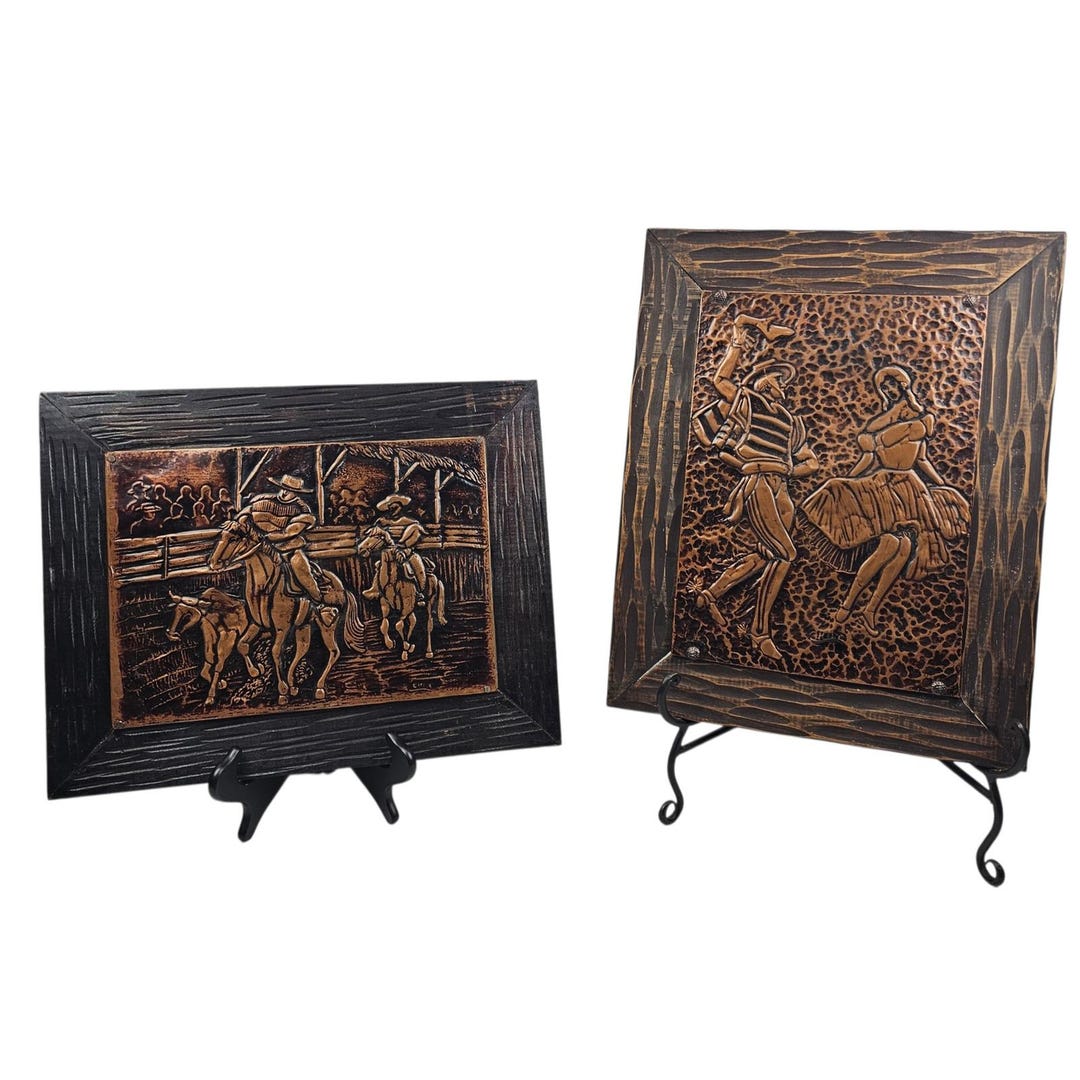 タイムセール❣️ヴィンテージ銅製レリーフ アールデコ調 ハープと人物 額装 Vintage Chile Copper Relief Wall Art Set Huasos Rodeo Folk Dance