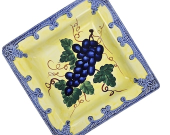 Square Ceramic Grape Serving Platter Blue Yellow Hand Painted Relief 11in