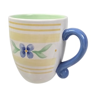 Pfaltzgraff Blue Pansy Floral Striped Ceramic Coffee Mug Green Interior Scrolled