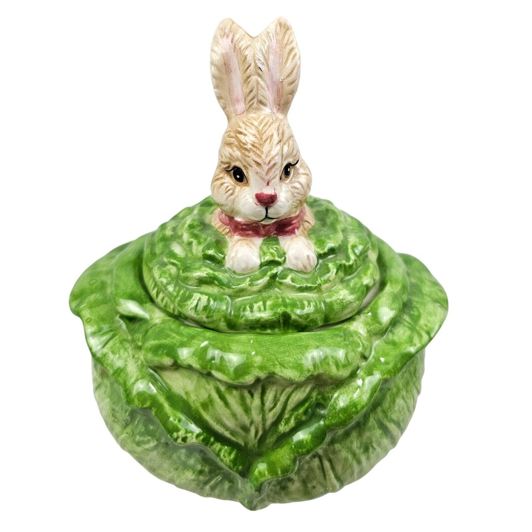 Ceramic Bunny Rabbit in Cabbage Candy Dish Sugar Bowl Green Easter ...