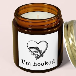 I&#39;m hooked on you gift, fishing pun love romantic fisherman candle, cute fish love pun joke, angler valentine gift, heart fishing joke