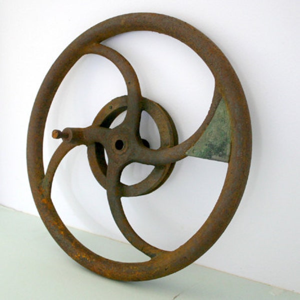 Antique Industrial Pulley Wheel with Handle