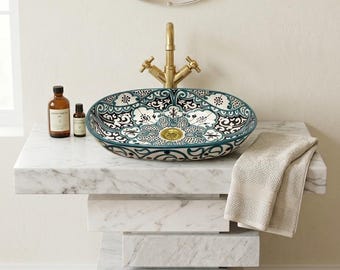Handmade Moroccan Oval Ceramic Sink Oval Vessel Sink Multicolor Geometric Design Handmade Size: 46 cm X 30 cm