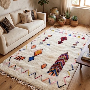 Authentic Moroccan Azilal Rug - Hand-Knotted Wool - Neon Abstract Berber Carpet - 150x210cm, Colorful Geometric Folk Art - High Pile Plush