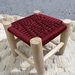 Small Square Wooden Stool with Braided Nylon Top – Deep Red – 24cm