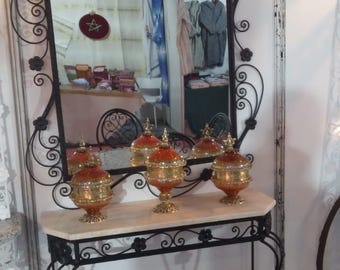 Handcrafted Moroccan Wrought Iron Console with Marble Top and Arch Mirror- Authentic Fes Craftsmanship | Moorish Entryway Table
