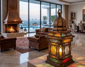 Large 24" Moroccan Brass Lantern - Authentic Hand-Punched Metal Floor Lamp, 60cm Filigree Shadow Lamp, Geometric Moorish Boho Centerpiece