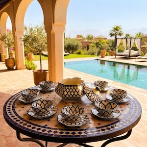 Handmade Moroccan Soup Set from Fes – Octagonal Ceramic Tureen with 6 Matching Bowls – Traditional Black & White Pattern