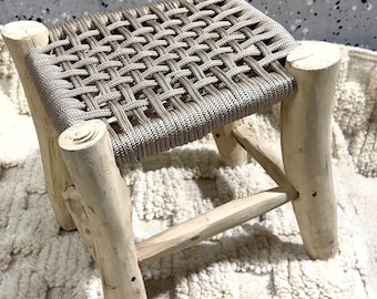 Handcrafted Rustic Wooden Stool with Woven Rope Seat – Boho Accent Chair 24cm