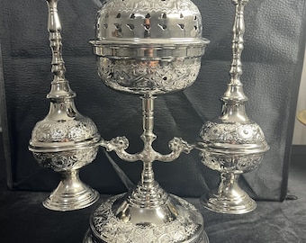Authentic Moroccan Incense Burner Set from Fes – Handmade Nickel-Plated Brass – Mabkhara & 2 Rose Water Sprinklers (Merchane)