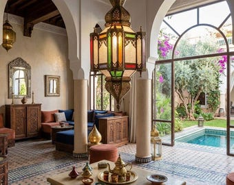 Large Moroccan Lamp 70 cm, Vintage Metal and Stained Glass Lantern, Andalusian Ceiling Pendant Light, Arabic Hanging Lamp, Oriental Decor