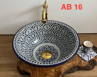 Moroccan Ceramic Sink Handmade – Hand Painted Moroccan Basin – Authentic Fassi Ceramic Washbasin for Bathroom Vanity, Countertop Vessel Sink