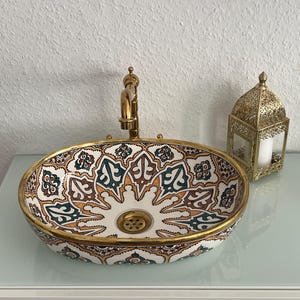Handmade Moroccan Oval Ceramic Sink Oval Vessel Sink Multicolor Geometric Design Handmade Size: 40 cm X 30 cm