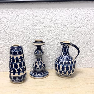 Handmade Moroccan Ceramic Set of 3 - Vintage Fez Pottery | Blue and White Boho Home Decor | Small Vase, Pitcher Jug & Candlestick Holder |