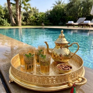 Könnte beinhalten: Ein goldenes Teeservice mit gehämmertem Finish, einschließlich Teekanne, Gläsern und Serviertablett, ist am Pool platziert. Das Tablett enthält eine kleine Schale mit Mandeln und ist mit einer Quaste verziert.