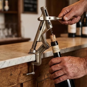 Peut inclure: Un tire-bouchon en métal de style vintage doté d'un mécanisme de serrage fixé au bord d'un comptoir. L'appareil comprend un levier et une mèche en spirale insérée dans le bouchon d'une bouteille de vin Chateau Margaux tenue en dessous.