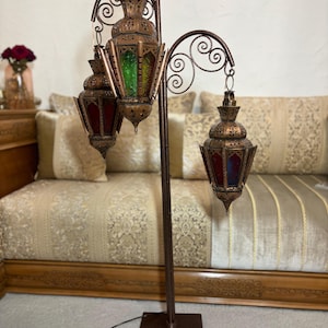 Moroccan Floor Lamp with 3 Hanging Lanterns, Vintage Oriental Mosaic Floor Light, Arabic Turkish Style Standing Lamp, Handcrafted Colored
