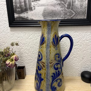Vintage German Stoneware Pitcher, Handcrafted Blue Floral Pottery Vase, Rustic Kitchen Decor, Large Ceramic Jug, Traditional Handarbeit Pott