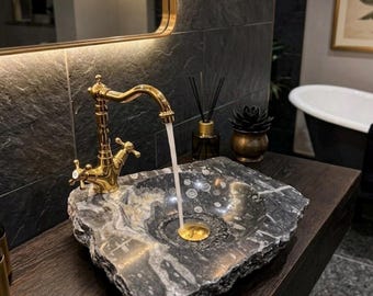 Lavabo en marbre fossilisé Orthoceras sculpté à la main – Vasque de salle de bain unique en pierre naturelle – Histoire millénaire